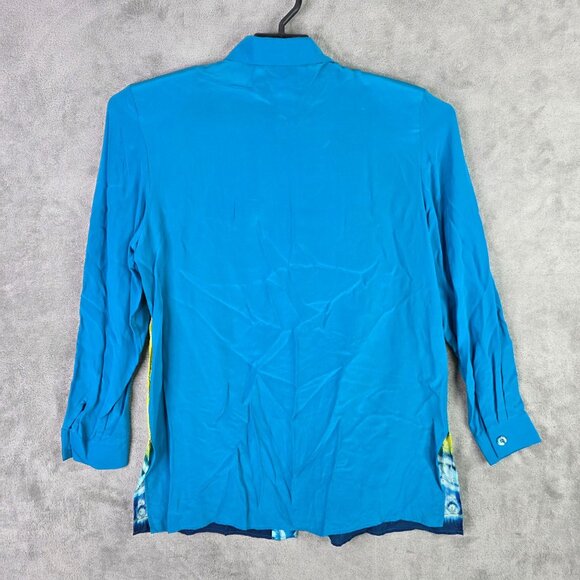 Womens Diane Gilman Blue & Yellow 100% Silk Blouse Button Up Long Sleeve Size M - Picture 3 of 7